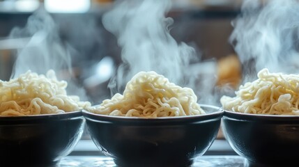 Poster - Close-up of steaming noodles in kitchen bowls, capturing the cozy essence of homemade meals and comforting dishes