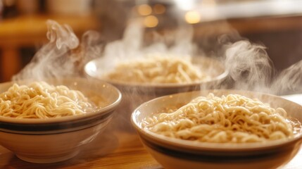 Poster - Close-up of steaming noodles in kitchen bowls, capturing the cozy essence of homemade meals and comforting dishes