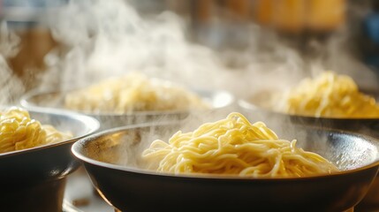 Poster - Close-up of steaming noodles in kitchen bowls, capturing the cozy essence of homemade meals and comforting dishes