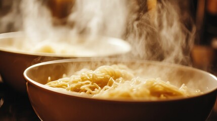 Poster - Close-up of steaming noodles in kitchen bowls, capturing the cozy essence of homemade meals and comforting dishes