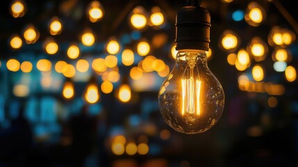 Poster - Edison bulbs glowing in a night market setting, surrounded by soft bokeh lights, creating a magical and atmospheric ambiance
