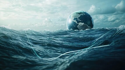 Poster - Global digital network shown with Earth connected through fiber optic cables running under the ocean, symbolizing advanced communication technology