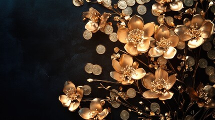 Poster - Golden flowers delicately arranged with shiny coins on a black background, capturing luxury and refined elegance