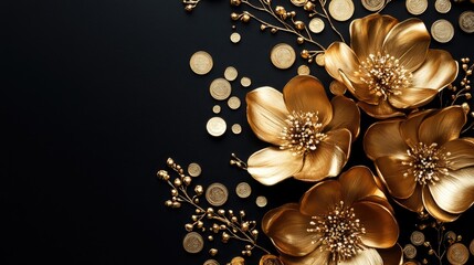 Poster - Golden flowers delicately arranged with shiny coins on a black background, capturing luxury and refined elegance