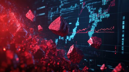 Poster - Red rocks descending upon digital financial charts, creating a visual metaphor for market downturns and sudden shifts in stock performance