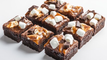 Poster - Ten irresistible brownie squares with a mix of caramel, chocolate, and marshmallow toppings, arranged on a clean white background for a mouthwatering photo