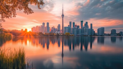 Poster - The setting sun casts a golden glow over the city skyline, with its reflection in the calm water below, capturing the magic of the moment