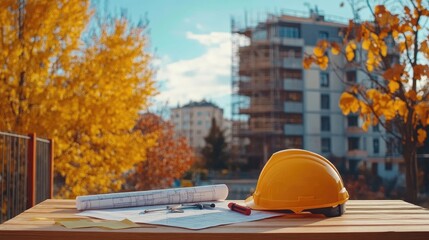 Poster - Yellow hardhat, tools, and blueprints on a wooden table, with a city construction site backdrop, capturing the essence of urban development