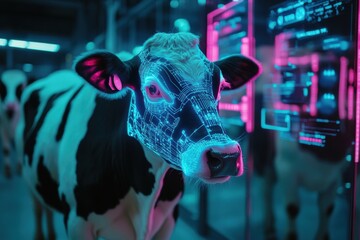 Poster - Innovative smart farm with cows and sheep in a futuristic environment featuring biometric sensors and holographic data displays Generative AI