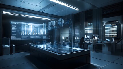 Aufkleber - Futuristic control room with holographic displays showing data streams and graphs. Two figures work at computer stations, immersed in a technologically advanced environment.