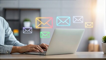 Aufkleber - Person Writing an Email on Laptop with Colorful Message Icons