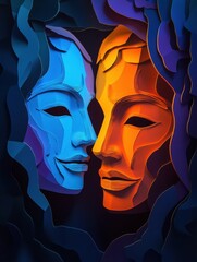 Aufkleber - Stunning paper cut illustration of comedy and tragedy theater masks with deep shadows and dramatic lighting Generative AI