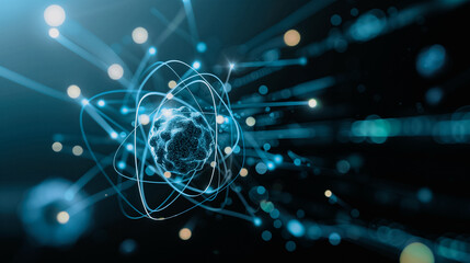 Poster - Quantum Cosmos: Dive into the intricate beauty of the quantum realm, visualized with ethereal light and abstract forms. The image showcases the dynamic dance of atoms.