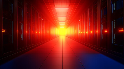 Fototapete - Illuminated corridor exploration data center digital art futuristic environment wide view technology concept