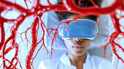 Poster - Virtual reality experience in healthcare medical innovation digital art lab environment close-up view immersive technology