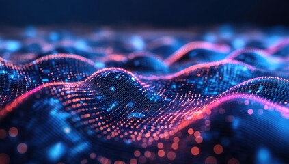 Poster - Abstract digital wave of interconnected particles.  A dynamic display of flowing, colorful data points