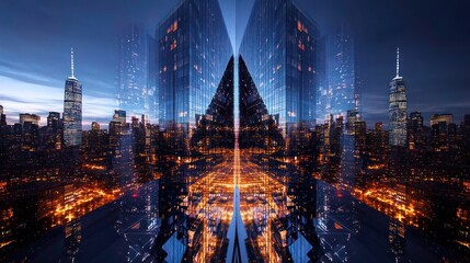 symmetrical urban dreamscape reflecting a dynamic city at twilight hour