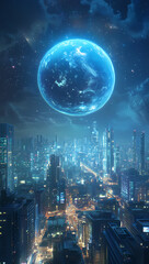 Wall Mural - futuristic cityscape with a celestial earth