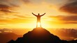 © Ninana - Milestone Courage Dream Big. A lone figure stands atop a mountain peak, arms raised triumphantly against a golden sunrise, symbolizing perseverance and ambition.