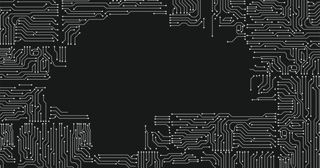Poster - Electronics board. Circuit board electronic hi tech pattern. Vector abstract computer chip. Black monochrome background