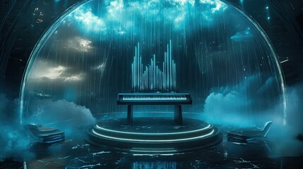 Poster - A futuristic piano under a glass dome with rainfall effects