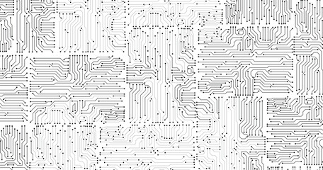 Poster - Black and white circuit electronic or electrical line with circuit board engineering technology concept vector background 
