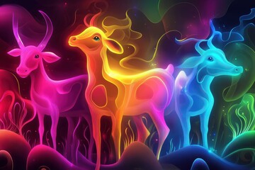 Fototapete - Surreal farm animals outlined by glowing energy in a dreamlike atmosphere with smooth gradients Generative AI