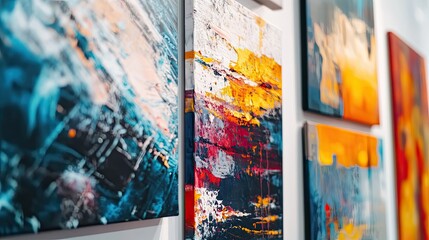 Poster - Abstract paintings in varied colors hang on a white wall display