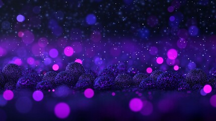 Abstract purple and blue bokeh background with shiny spheres.