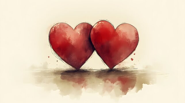 Two watercolor hearts touching, reflecting, beige background