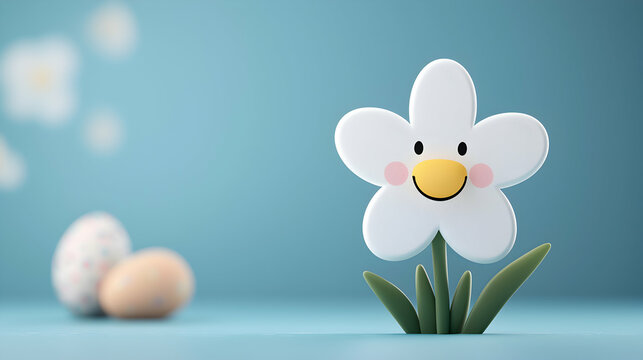 Smiling Pixel Flower with Easter Eggs on Blue Background