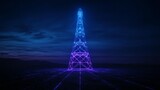 Futuristic communication tower at night, glowing with purple and blue light against a dark sky and mountain landscape.