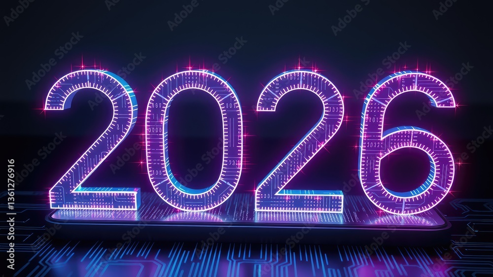 Futuristic Digital Clock Displaying Year 2026 with a Cyberpunk ...