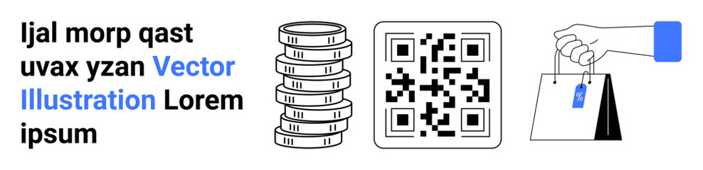 Stack of coins, QR code, text, and hand holding shopping bag with a tag. Ideal for e-commerce, mobile payment, retail, modern shopping, financial technology transaction and a simple landing page