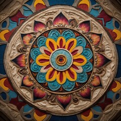 Poster - Abstract floral mandala design with blue and orange geometric circle elements