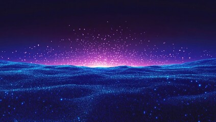 Poster - Digital landscape sunrise.  Cosmic particles explode over a textured, undulating plane.  Abstract digital art