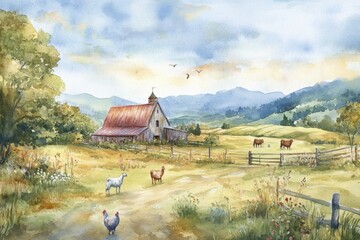 Poster - Tranquil farm landscape with cows, chickens, and horses in soft watercolor style Generative AI