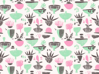 Aufkleber - Botanical Bliss: An abstract repeating pattern of stylized plants and pots, featuring a harmonious palette of mint, pink, and muted tones against a pristine backdrop. 
