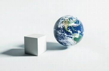 Poster - image features globe representing Earth alongside white cube, symbolizing contrast between natural and geometric forms