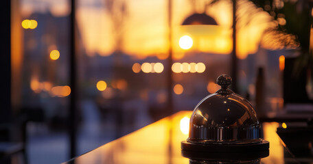 Poster - beautiful sunset view through restaurant window, featuring shiny bell on counter, creating warm and inviting atmosphere