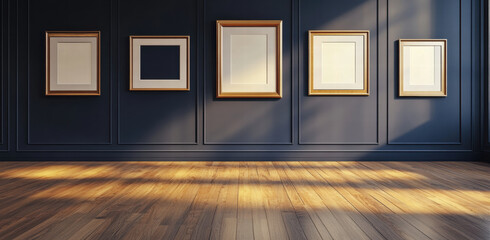 Poster - modern art gallery featuring empty frames on dark blue wall, illuminated by natural light, creating serene atmosphere