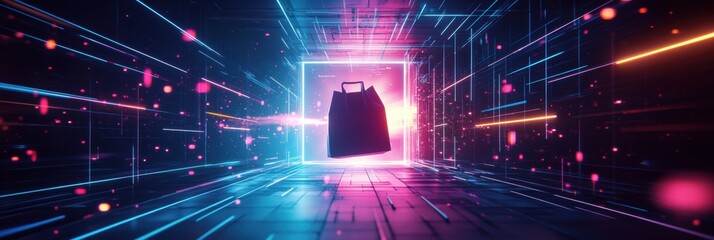 Aufkleber - Grocery bag teleporting through a bright sci-fi portal with vibrant glowing lights and a high-energy atmosphere Generative AI