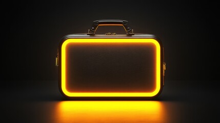 Poster - Neon Luminous Vintage Suitcase on Dark Background with Illuminated Edges for Creative and Travel Concepts
