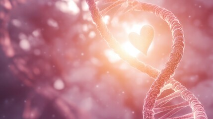 Poster - Abstract representation of DNA helix with heart symbol in soft pink tones, exploring themes of love and genetics