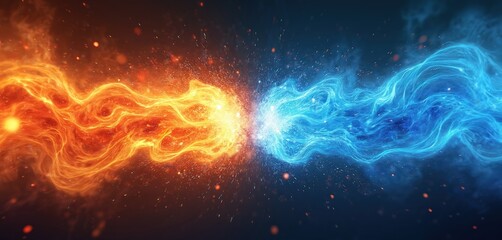 Poster - Abstract illustration of fiery energy versus icy force. Orange flame, blue ice sparks collide. Energy battle theme. Illustration suitable for sport games, martial arts, fight battles tournaments.