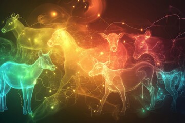 Fototapete - Surreal composition of glowing farm animals in an abstract dreamlike atmosphere with smooth gradients and vibrant energy Generative AI