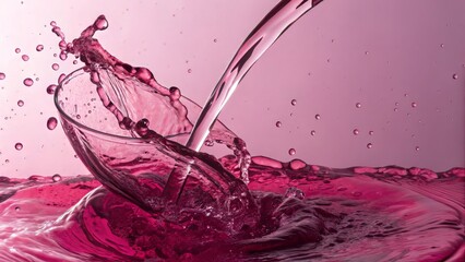Aufkleber - A vibrant splash of pink liquid pours into a glass, creating dynamic ripples and droplets against a soft, blurred background.