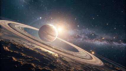 Wall Mural - A glowing planetary ring gracefully levitates in deep space, radiating a subtle cosmic glow with faint celestial light refractions, offering a dreamy, futuristic ambiance for design or branding.