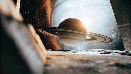 Wall Mural - A glowing planetary ring gracefully levitates in deep space, radiating a subtle cosmic glow with faint celestial light refractions, offering a dreamy, futuristic ambiance for design or branding.