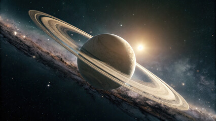 Wall Mural - A glowing planetary ring gracefully levitates in deep space, radiating a subtle cosmic glow with faint celestial light refractions, offering a dreamy, futuristic ambiance for design or branding.